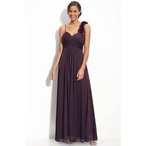 Cache Size 6 Flower Shoulder Long Formal Gown Dark Plum Purple Bridesmaid Gala